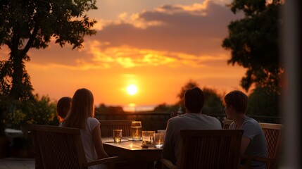 A family gathers around an outdoor table sharing drinks and conversation as the sun sets over the ocean in a blaze of orange and yellow