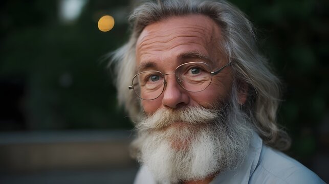 Elderly man with a distinguished grey beard and glasses smiles gently at dusk embodying wisdom and calm