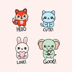 Cute Animal Cartoon Stickers Set — Fox, Cat, Bunny, and Elephant Kawaii Vector Illustration