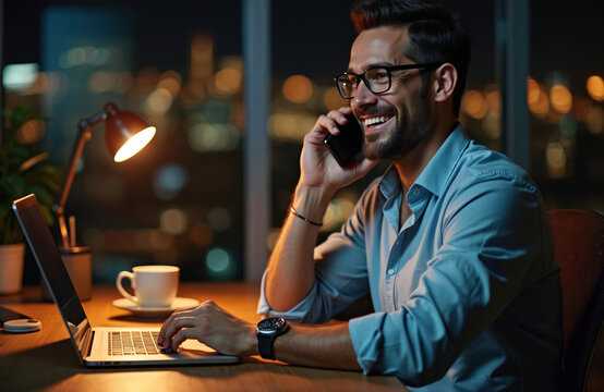 Smiling man uses a cellphone while working on a laptop in modern office at night with city view from a window. Manager wears glasses and shirt. Positive businessman works.