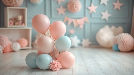 Pastel balloons, stars, & garlands decorate a child's room or party scene