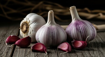 Fresh garlic bulbs and cloves on rustic wooden table with natural light in a countryside kitchen setting