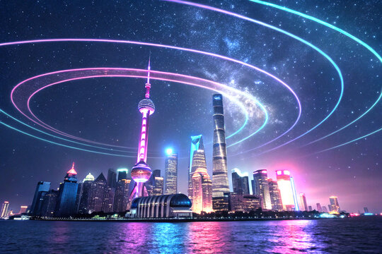 Majestic futuristic floating city with neon lights