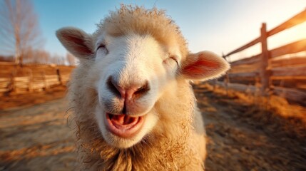 Obraz premium Close up of a smiling sheep in a sunny field