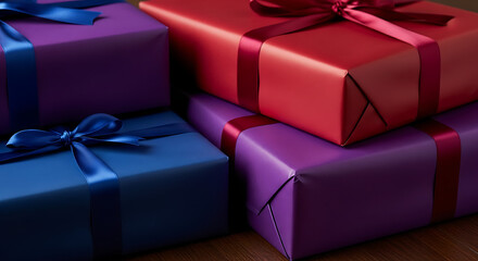 A stack of colorful wrapped gift boxes in purple, red, and blue with satin ribbons.