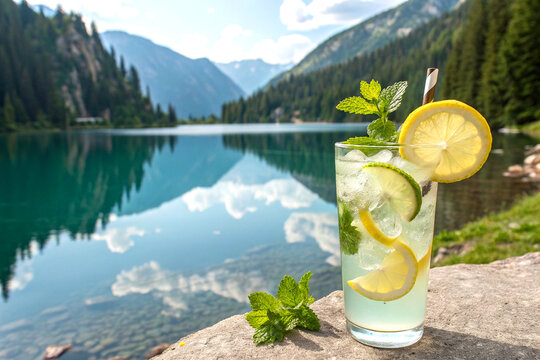 Refreshing cold cocktail by mountain lake - Powered by Adobe