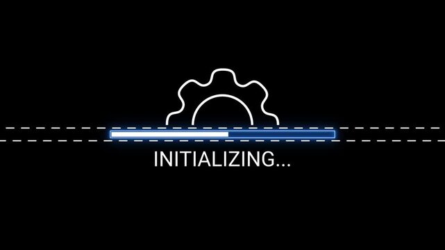 Progress Bar with Gear Icon and Initializing Text on Black Background loading initialization