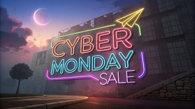 Cyber Monday sale announcement with vibrant neon sign and paper airplane ready to attract holiday shoppers