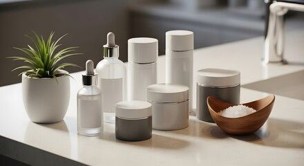 Close-up view of various skincare product bottles and containers on a white countertop with a potted plant and wooden bowl