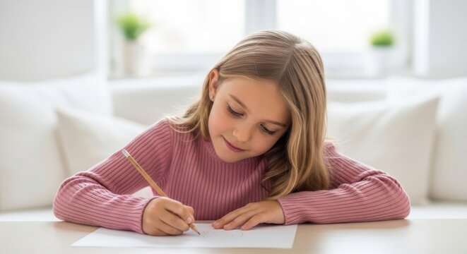 Young girl engaged in creative writing at home during daytime with focus and concentration