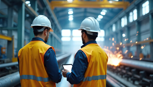 Two engineers in hard hats and safety vests stand in a pipe factory. They use a tablet computer while discussing plans. Sparks fly in background.