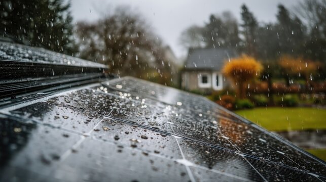 Solar panels on rooftop in rain