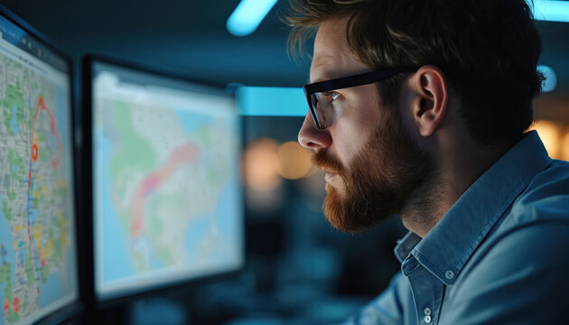 Man analyzes map data on multiple computer screens. Pro studies traffic patterns and routes in modern office at night. He works on transport optimization project.