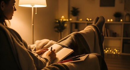 Woman relaxing on a couch writing in a notebook by warm lamp light in a cozy living room with a peaceful atmosphere.
