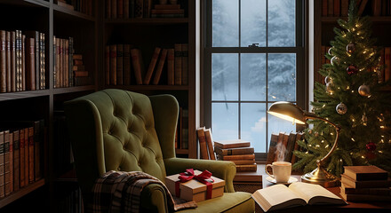 Cozy reading nook with a Christmas tree and a view of a snowy winter landscape.