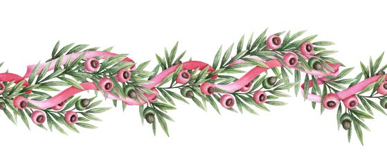 Seamless border of yew branch twisted with pink satin ribbon. Hand drawn watercolor with sparkling and colored pencil texture. Festive garland of evergreen twig perfect for frame and Christmas design.