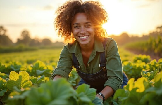 Happy young Black woman works on farm in sunny field. Tends green plants at golden hour. Smiling farmer inspects healthy crops, embracing nature outdoors. Sustainable organic farming lifestyle
