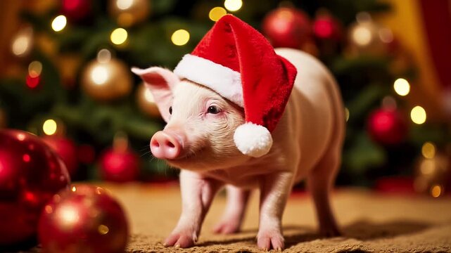 Adorable piglet in a Christmas cap. Christmas background with Christmas tree balls and decorations. Fairytale atmosphere of New Year and Christmas, Christmas Eve