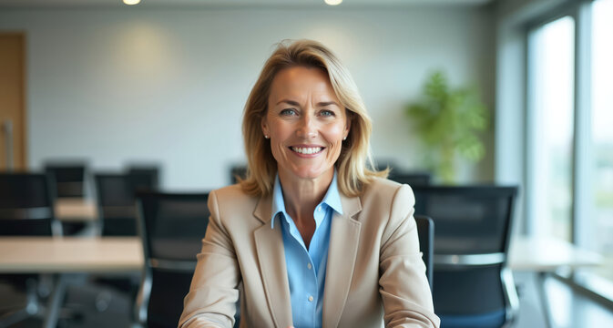 Smiling mature businesswoman posing at camera in modern office. Confident lady boss dressed in suit looking forward. Successful career and leadership concepts at workplace.