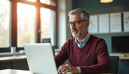 Mature man with grey hair wears glasses and maroon sweater. He sits at a desk typing on a laptop computer in a modern office with natural light from windows.