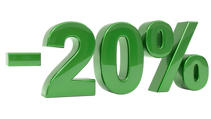 Green 3D glossy metallic minus twenty percent symbol against a neutral gray background