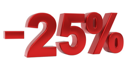 Red 3D glossy metallic minus twenty-five percent symbol against a neutral gray background