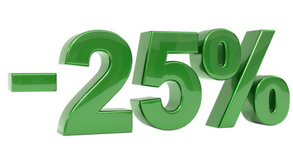 Green 3D glossy metallic minus twenty-five percent symbol against a neutral gray background