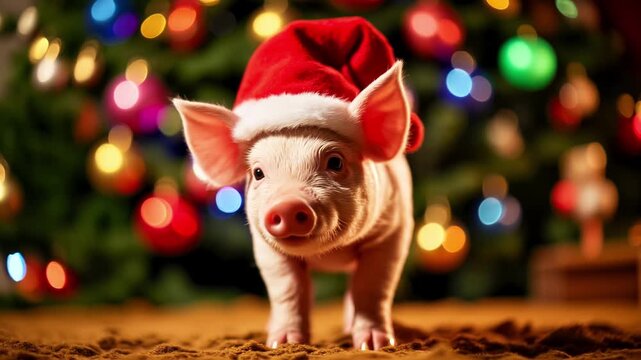 Adorable piglet in a Christmas cap. Christmas background with Christmas tree balls and decorations. Fairytale atmosphere of New Year and Christmas, Christmas Eve