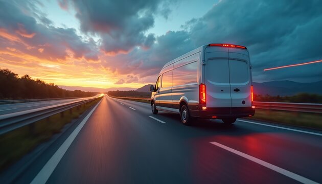 White van driving fast on highway at sunset. Delivery vehicle speeds down asphalt road. Transport truck drives against scenic sky with beautiful orange and blue colors during golden hour.
