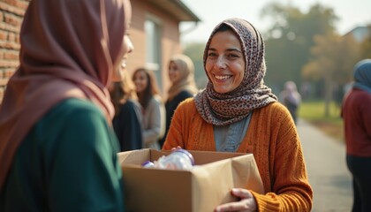 Muslim women in hijab hold cardboard box with donations. Female volunteers exchange goods. People in background stand near brick building. Women wear headscarves. One woman smiles, holds box with