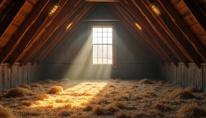 Sunlight streams through old barn window, illuminating dust, hay on floor. Weathered wooden beams, planks show age. Rustic hayloft interior creates vintage farm atmosphere, perfect for themes of