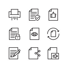 Collection of black and white document icons representing various file management and paperwork tasks. Financial Document Analysis and Calculation Icons Set. Modern flat vector illustration of contact
