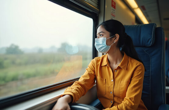 Young Asian woman wearing face mask travels by train looking out window. Passenger travels safely during pandemic. Social distancing on public transport.