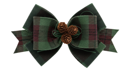 Isolated hair accessory, ribbon hair bow with pine cones, green brown plaid pattern fabric