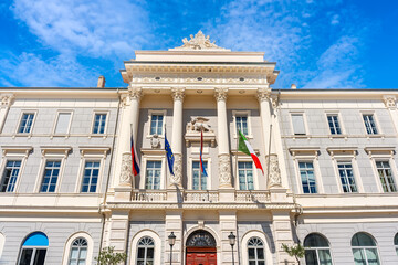 Facade of government buildings on Tartini Square in the city of Piran, Slovenia.