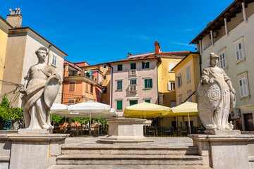 Colorful house facades in the old quarter of the holiday town of Piran, Slovenia.