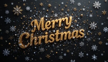 Merry christmas text in gold with snowflakes and beads on a black background design