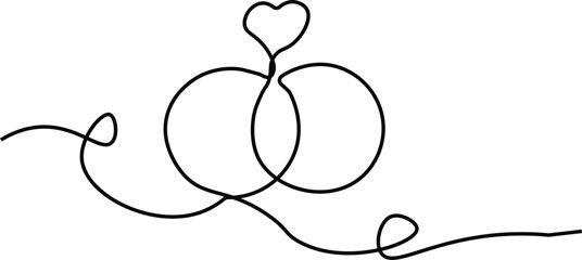 One continuous line drawing of Wedding rings. Romantic elegance concept and symbol proposal engagement and love marriage in simple linear style. Editable stroke. Outline vector illustration