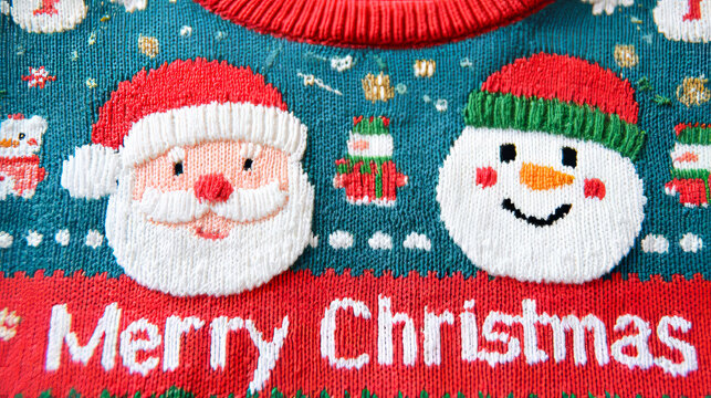 Christmas sweater, Santa and snowman. Brightly colored sweater features a friendly Santa and a cheerful snowman with Merry Christmas text below them.