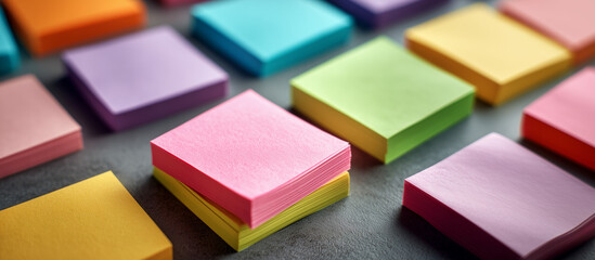 Sticky Note Post It Board Office. Business people meeting at office and use post it notes to share idea. Brainstorming concept. Sticky note on glass wall or blackboard. Set of colorful blank notes.