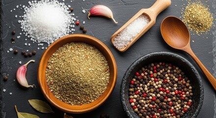Assortment of spices and seasonings arranged on a dark stone surface with fresh garlic and salt