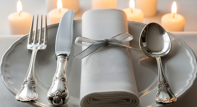 Elegant place setting with silver cutlery, white napkin, and romantic candlelight.