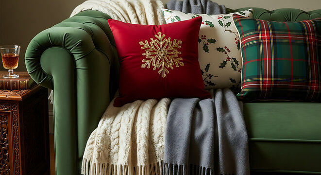 A cozy green velvet sofa adorned with festive pillows and blankets, creating a warm and inviting holiday scene.