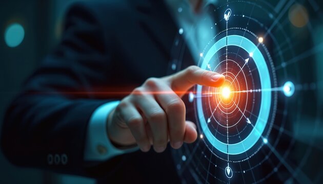 Man touches digital target. Person aims point on round screen. Businessman touches center goal. Hand specifies successful strategy. Future tech. Business achievement. Targeting precise innovation - Powered by Adobe