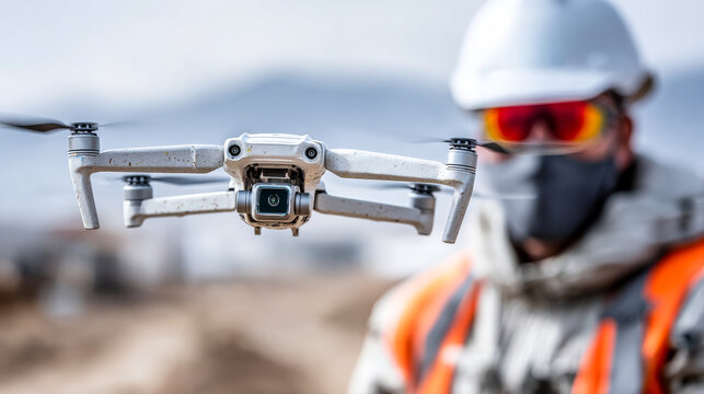 Drone near construction site. A construction worker in safety gear operates a drone at a building site on a clear day, showcasing modern technology.