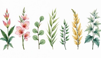 Collection of botanical illustrations featuring diverse leaves and flowering plants. Realistic watercolor style depicts flora for organic decor and nature inspired graphic design projects.