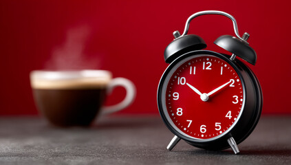 Morning caffeine and classic alarm clock. A black alarm clock shows morning time next to a steaming cup of coffee on a simple table with a red background.