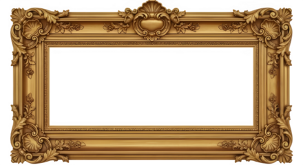 Ornate antique gold picture frame with intricate carvings and decorative elements against a black background