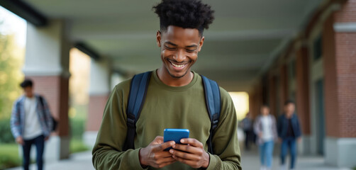 Smiling young Black student walks on college campus holding smartphone. He wears backpack and green shirt. Teenager uses mobile for education and communication apps, laughs at screen.