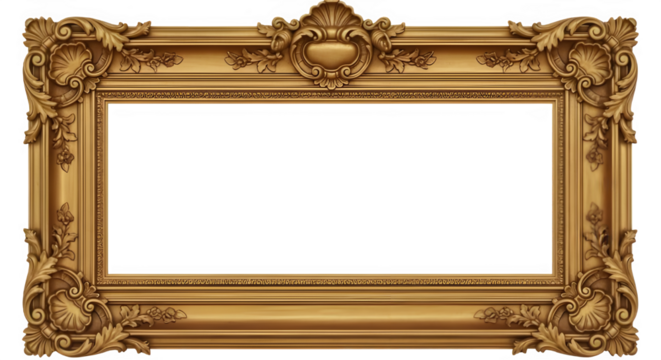 Ornate antique gold picture frame with intricate carvings and decorative elements against a black background